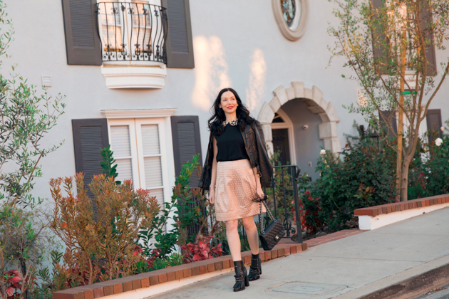 How to Dress Like a Londoner, styling tips featured by top LA fashion blog, Pretty Little Shoppers: image of a woman wearing Juicy Couture leather jacket, Alice & Olivia blouse, Anthropologie skirt, Tommy Hilfiger booties, and a Chanel bag.