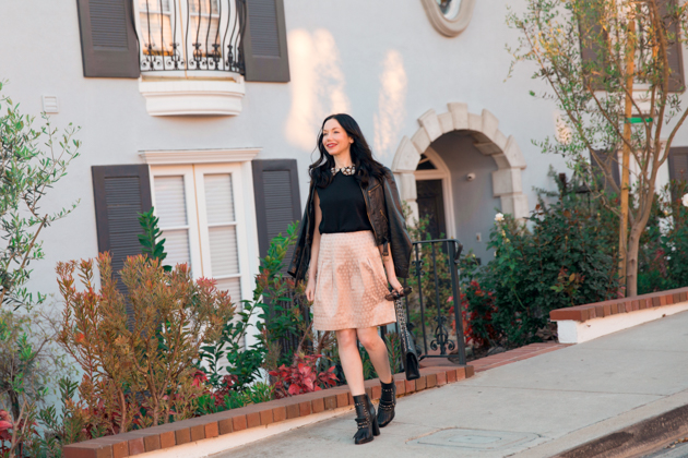 How to Dress Like a Londoner, styling tips featured by top LA fashion blog, Pretty Little Shoppers: image of a woman wearing Juicy Couture leather jacket, Alice & Olivia blouse, Anthropologie skirt, Tommy Hilfiger booties, and a Chanel bag.