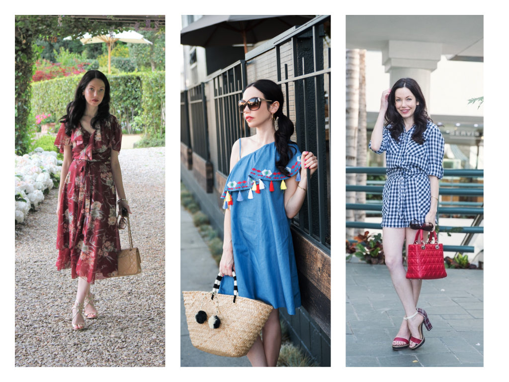 5 Classic Spring Essentials You Need featured by top LA fashion blog, Pretty Little Shoppers: Floral Dress, Straw Tote Bag, Gingham Romper