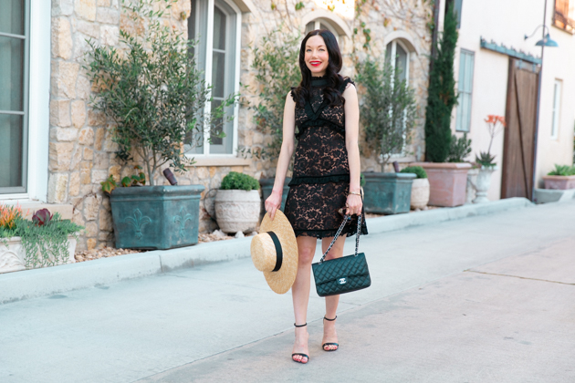 Lack of Color Boater Hat, Skylar Belle Black Lace Dress, Schutz Black Sandals