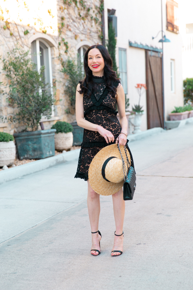 Lack of Color Boater Hat, Skylar Belle Black Lace Dress, Schutz Black Sandals