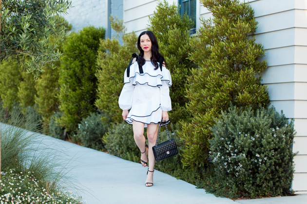 Petersyn Ruffled Dress, Schutz Sandals, Chanel Quilted Bag, Spring Style, Outfit Ideas, Revolve Clothing, Lisa Valerie Morgan, Pretty Little Shoppers Blog, Los Angeles Fashion Blogger