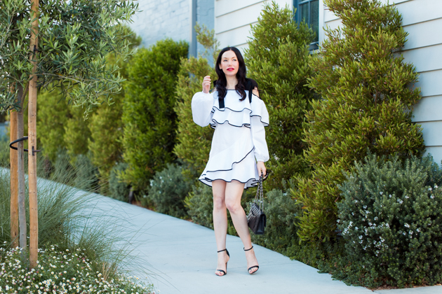 Petersyn Ruffled Dress, Schutz Sandals, Chanel Quilted Bag, Spring Style