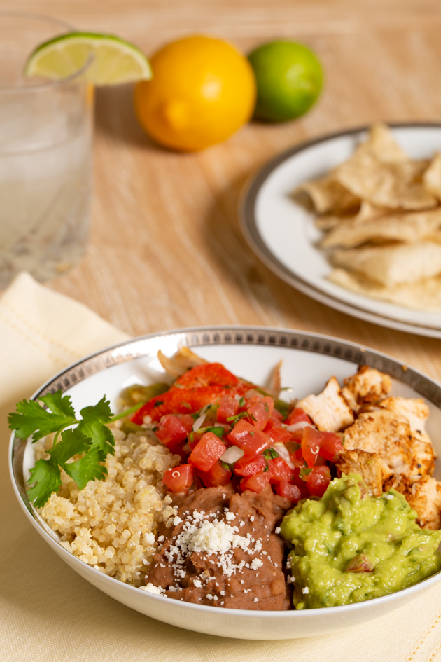 Mucho Delicious Bowl, Ahiote Chicken, Quinoa, Refried Beans, Guacamole, Pico de Gallo, Sauteed Bell Peppers and Onions, Cojita Cheese, Los Angeles Food Blog