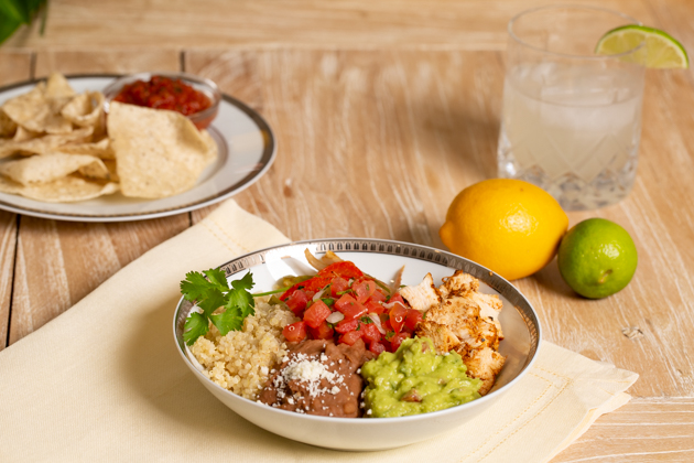 Mucho Delicious Bowl, Achiote Chicken, Quinoa, Refried Beans, Guacamole, Pico de Gallo, Sauteed Bell Peppers and Onions, Cojita Cheese, Los Angeles Food Blogger