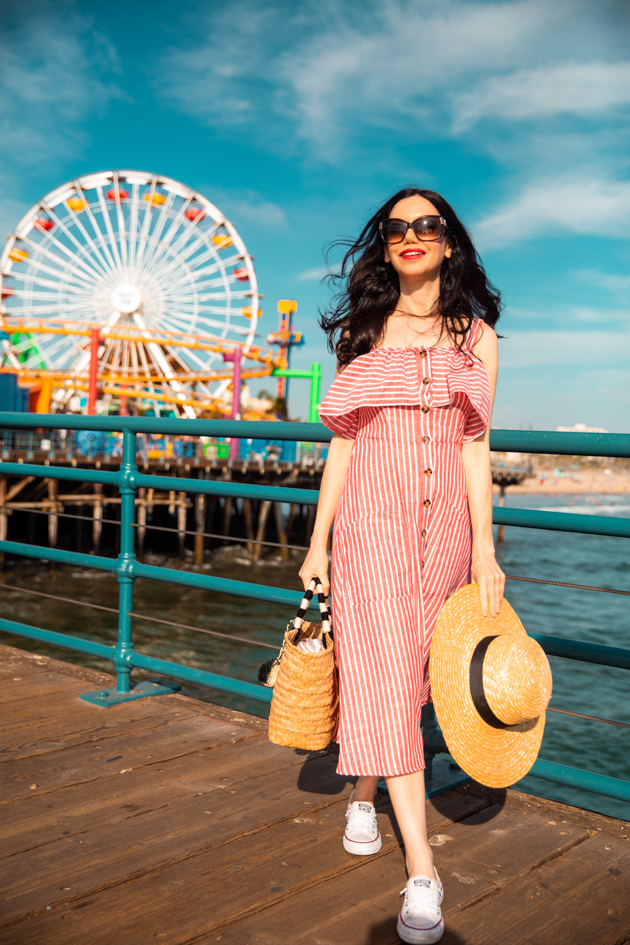 Summer Wardrobe, Visiting the Santa Monica Pier, Shein Striped Dress, Converse, Kayu Tote Bag, Lack of Color boat hat, OOTD, Who What Wearing, Summer Style, Fashion Trends, Floral Print Dress, What to wear in the Summer, Fashion Blogger Style, OOTD Inspo, street style stalking, outfit ideas, date night look, Fashion Bloggers, Style, Seasonal Style, Outfit Inspiration, Trends, Outfits, Pretty Little Shoppers #Summerstyle #santamonicapier #fashionblogger #whowhatwearing #ootd #lafashionblogger 