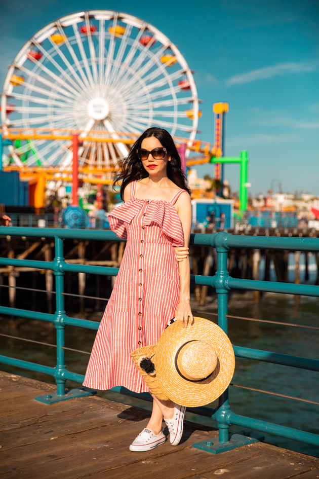 Summer Wardrobe, Visiting the Santa Monica Pier, Shein Striped Dress, Converse, Kayu Tote Bag, Lack of Color boat hat, OOTD, Who What Wearing, Summer Style, Fashion Trends, Floral Print Dress, What to wear in the Summer, Fashion Blogger Style, OOTD Inspo, street style stalking, outfit ideas, date night look, Fashion Bloggers, Style, Seasonal Style, Outfit Inspiration, Trends, Outfits, Pretty Little Shoppers #Summerstyle #santamonicapier #fashionblogger #whowhatwearing #ootd #lafashionblogger 