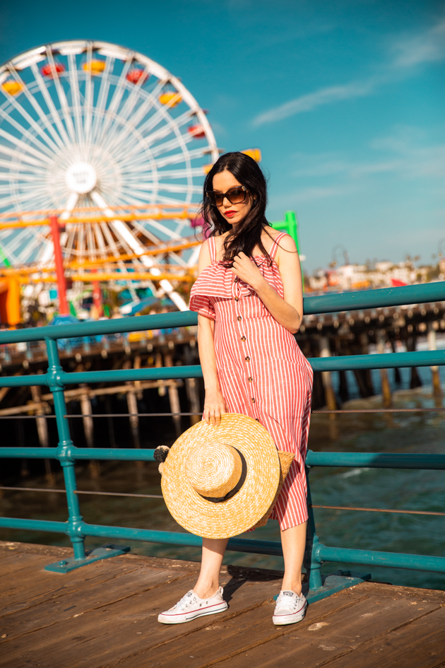 Summer Wardrobe, Visiting the Santa Monica Pier, Shein Striped Dress, Converse, Kayu Tote Bag, Lack of Color boat hat, OOTD, Who What Wearing, Summer Style, Fashion Trends, Floral Print Dress, What to wear in the Summer, Fashion Blogger Style, OOTD Inspo, street style stalking, outfit ideas, date night look, Fashion Bloggers, Dress with Sneakers, Outfit Inspiration, Trends, Outfits, Pretty Little Shoppers #Summerstyle #santamonicapier #fashionblogger #whowhatwearing #ootd #lafashionblogger 