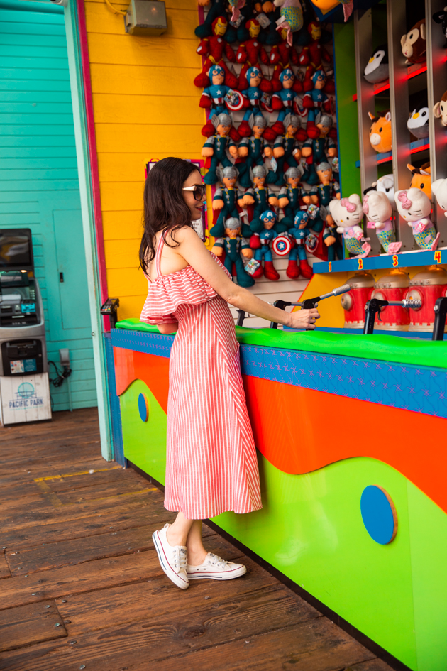 Summer Wardrobe, Visiting the Santa Monica Pier, Shein Striped Dress, Converse, Kayu Tote Bag, Lack of Color boat hat, OOTD, Who What Wearing, Summer Style, Fashion Trends, Floral Print Dress, What to wear in the Summer, Fashion Blogger Style, OOTD Inspo, street style stalking, outfit ideas, date night look, Fashion Bloggers, Dress with Sneakers, Outfit Inspiration, Trends, Outfits, Pretty Little Shoppers #Summerstyle #santamonicapier #fashionblogger #whowhatwearing #ootd #lafashionblogger 