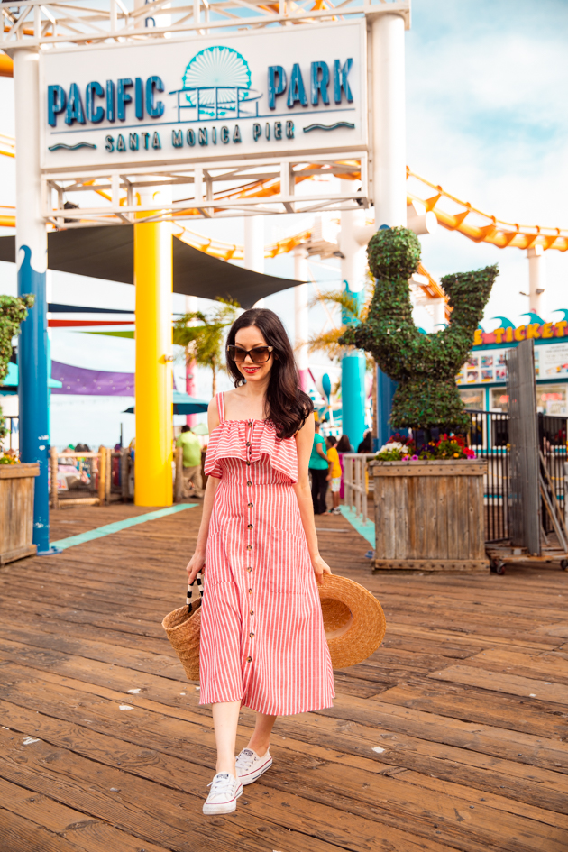 Summer Wardrobe, Visiting the Santa Monica Pier, Shein Striped Dress, Converse, Kayu Tote Bag, Lack of Color boat hat, OOTD, Who What Wearing, Summer Style, Fashion Trends, Floral Print Dress, What to wear in the Summer, Fashion Blogger Style, OOTD Inspo, street style stalking, outfit ideas, date night look, Fashion Bloggers, Dress with Sneakers, Outfit Inspiration, Trends, Outfits, Pretty Little Shoppers #Summerstyle #santamonicapier #fashionblogger #whowhatwearing #ootd #lafashionblogger 