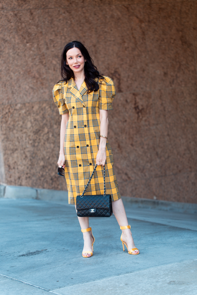 Yellow Plaid Outfit styled by top LA fashion blog, Pretty Little Shoppers: image of a woman wearing a yellow plaid Storets dress | Yellow Plaid, Clueless Style, Fall Trends, Who What Wearing, Fall Style, Mad About Plaid, Tartan Style, Yellow Plaid is Having A Moment, Fashion Blogger Style, Outfit Inspiration, Storets, Raye the Label, Revolve Clothing, Chanel Bag, Personal Style, Fashion, Classic and Feminine with an Edge, Street Style, Street Fashion, OOTD, OOTD Inspo, Street Style Stalking, Seasonal Style, Trends #storetsonme #yellowplaid #cluelessstyle #fashionblogger #lafashionblogger #streetstyle #fallfashion #dresslover