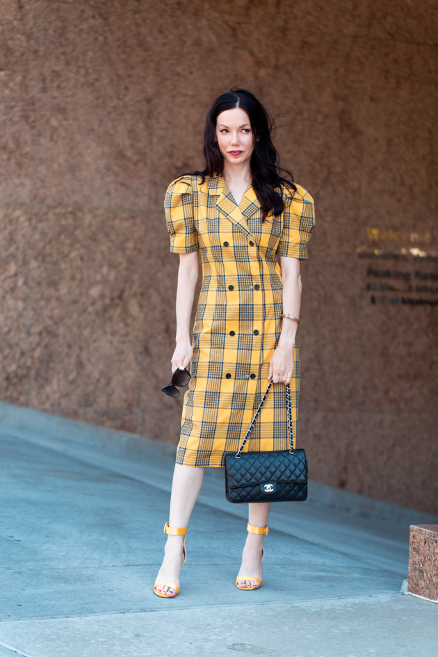 Yellow Plaid Outfit styled by top LA fashion blog, Pretty Little Shoppers: image of a woman wearing a yellow plaid Storets dress | Yellow Plaid, Clueless Style, Fall Trends, Who What Wearing, Fall Style, Mad About Plaid, Tartan Style, Yellow Plaid is Having A Moment, Fashion Blogger Style, Outfit Inspiration, Storets, Raye the Label, Revolve Clothing, Chanel Bag, Personal Style, Fashion, Classic and Feminine with an Edge, Street Style, Street Fashion, OOTD, OOTD Inspo, Street Style Stalking, Seasonal Style, Trends #storetsonme #yellowplaid #cluelessstyle #fashionblogger #lafashionblogger #streetstyle #fallfashion #dresslover