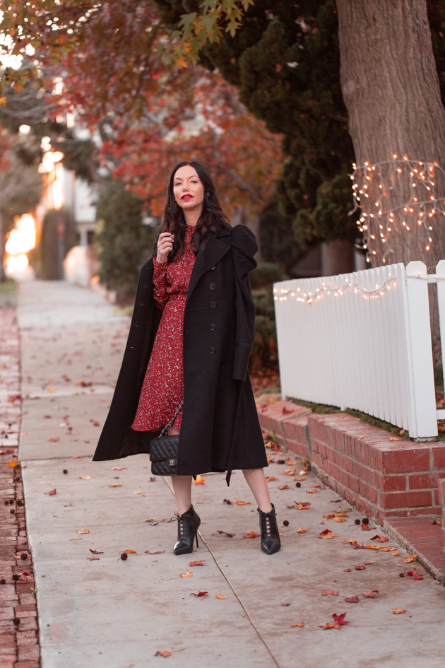 Winter Floral Dress styled by top LA fashion blog, Pretty Little Shoppers: image of a woman wearing an & Other Stories floral dress | & Other Stories, Perfect Winter Dress, And Other Stories, Winter Fashion, How to Style a dress in Winter, Wool Coat, Ankle Booties, Fall Fashion, Winter Styles, Shop till you drop, Fashion Influencer, Chanel Bag, Fall Trends, Who What Wearing, Fall Style, Fashion Blogger Style, Outfit Inspiration, Street Style, Street Fashion, OOTD Inspo, Street Style Stalking, Seasonal Style #andotherstories #fashionblogger #lafashionblogger #streetstyle #fallfashion #winterfashion #reddress #winterdress