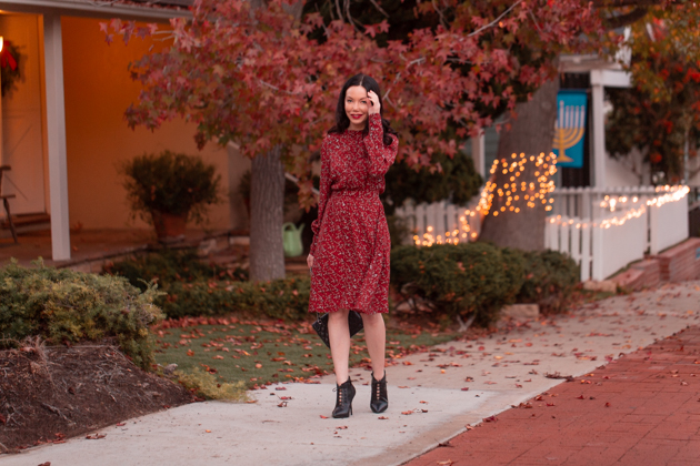 Winter Floral Dress styled by top LA fashion blog, Pretty Little Shoppers: image of a woman wearing an & Other Stories floral dress | & Other Stories, Perfect Winter Dress, And Other Stories, Winter Fashion, How to Style a dress in Winter, Wool Coat, Ankle Booties, Fall Fashion, Winter Styles, Shop till you drop, Fashion Influencer, Chanel Bag, Fall Trends, Who What Wearing, Fall Style, Fashion Blogger Style, Outfit Inspiration, Street Style, Street Fashion, OOTD Inspo, Street Style Stalking, Seasonal Style #andotherstories #fashionblogger #lafashionblogger #streetstyle #fallfashion #winterfashion #reddress #winterdress