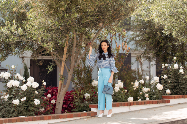 Joseph & Stacey Bag, Sister Jane Top and Pants, White Mules, Gucci Sunglasses, Spring Style, Gingham Style, Spring Fashion, Blue Gingham, What to wear in the Spring, Spring Transitional Look, Seasonal Style, Spring Style, How to dress for Spring, What to wear, Ladylike style, Los Angeles Fashion Blogger, Personal Style, Outfit Inspiration, Fashion, OOTD Inspo, street style stalking, Parisian Girl Style, Parisian Chic #sjsisterhood #dreamsisterjane #springstyle #josephandstacey #styleblogger