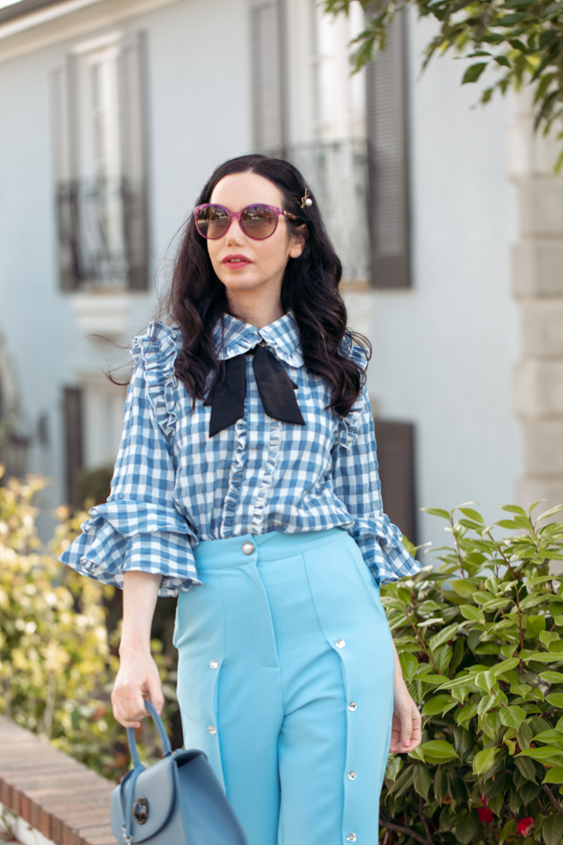 Joseph & Stacey Bag, Sister Jane Top and Pants, White Mules, Gucci Sunglasses, Spring Style, Gingham Style, Spring Fashion, Blue Gingham, What to wear in the Spring, Spring Transitional Look, Seasonal Style, Spring Style, How to dress for Spring, What to wear, Ladylike style, Los Angeles Fashion Blogger, Personal Style, Outfit Inspiration, Fashion, OOTD Inspo, street style stalking, Parisian Girl Style, Parisian Chic #sjsisterhood #dreamsisterjane #springstyle #josephandstacey #styleblogger