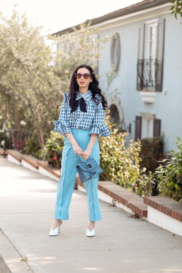 Joseph & Stacey Bag, Sister Jane Top and Pants, White Mules, Gucci Sunglasses, Spring Style, Gingham Style, Spring Fashion, Blue Gingham, What to wear in the Spring, Spring Transitional Look, Seasonal Style, Spring Style, How to dress for Spring, What to wear, Ladylike style, Los Angeles Fashion Blogger, Personal Style, Outfit Inspiration, Fashion, OOTD Inspo, street style stalking, Parisian Girl Style, Parisian Chic #sjsisterhood #dreamsisterjane #springstyle #josephandstacey #styleblogger