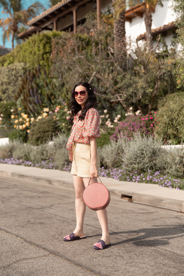 Sister Jane Blouse and Shorts, Birdies Slippers, Gucci Sunglasses, Summer Style, Summer Fashion, Tweed Shorts, What to wear in the Summer, Floral Blouse, Tweed Shorts, Seasonal Style, Tammy and Benjamin, Round Bag, How to dress for Summer What to wear, Ladylike style, Los Angeles Fashion Blogger, Personal Style, Outfit Inspiration, OOTD Inspo, street style stalking, Parisian Girl Style, Parisian Chic #sjsisterhood #dreamsisterjane #summerstyle #tammyandbenjamin #styleblogger #mybirdiesmyway