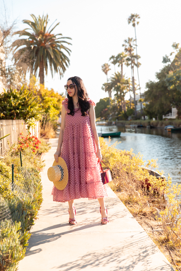 Sister Jane, Pink Summer Dress, Lack of Color Boater Hat, Gucci Sunglasses, Summer Style, Summer Fashion, What to wear in the Summer, Seasonal Style, How to dress for Summer What to wear, Ladylike style, Los Angeles Fashion Blogger, Personal Style, Outfit Inspiration, OOTD Inspo, street style stalking, Preppy Style, Parisian Chic, Classic and Feminine, Venice Beach Canals, How to style a midi dress #dreamsisterjane #summerstyle #ootd #boaterhat #lackofcolor #sisterjane #rayethelabel 