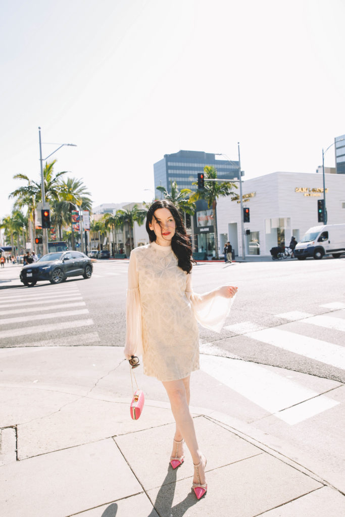 Free People Cleo dress with Kate Spade New York pink pumps and Milly bag