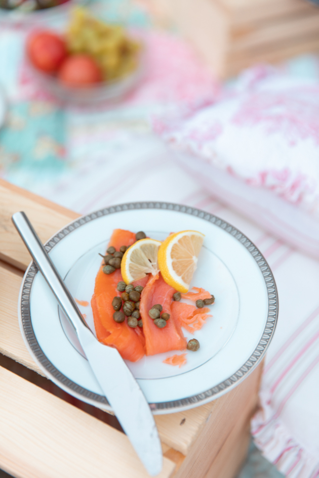 Smoked Salmon from The Joint Eatery, Sherman Oaks | Virtual Picnic by popular L.A. lifestyle blog, Pretty Little Shoppers: image of a plate of salmon and capers on a white ceramic plate. 