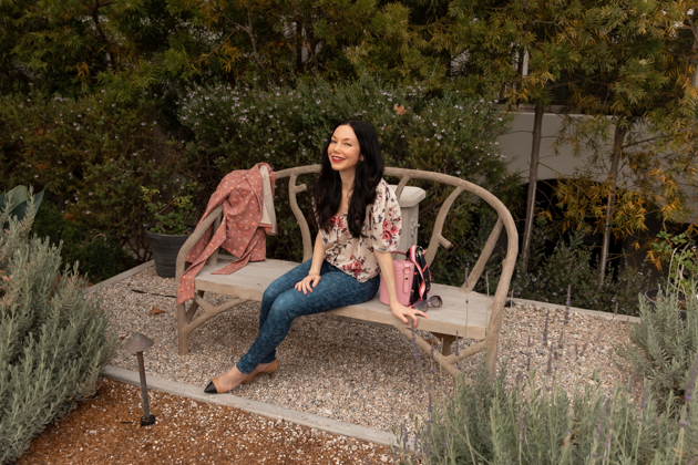 How to Mix Floral Prints, What to wear Fall 2020, Fall Transitional Look, LoveShackFancy Top, Liberty Print Jeans, LPA the Label Bag, Tach Clothing, Los Angeles Fashion Blogger, Pretty Little Shoppers Blog #FloralPrints | Floral Prints by popular L.A. fashion blog, Pretty Little Shoppers: image of woman wearing a floral blouse, floral print jeans, Pimpinela Corduroy Jacket, and stiletto heels.  