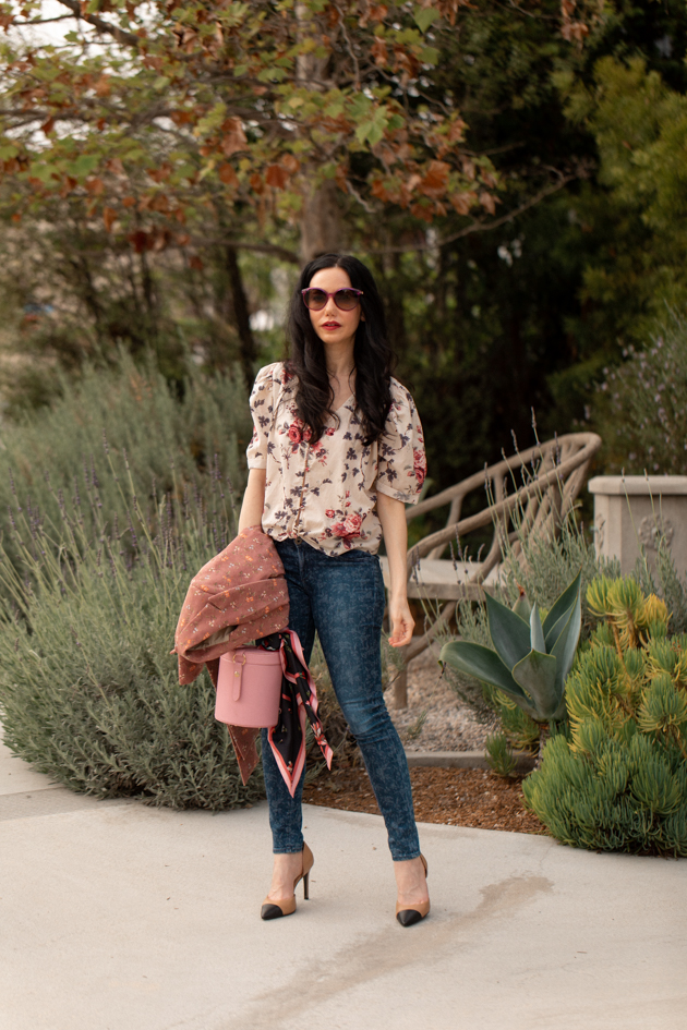 How to Mix Floral Prints, What to wear Fall 2020, Fall Transitional Look, LoveShackFancy Top, Liberty Print Jeans, LPA the Label Bag, Tach Clothing, Los Angeles Fashion Blogger, Pretty Little Shoppers Blog #FloralPrints | Floral Prints by popular L.A. fashion blog, Pretty Little Shoppers: image of woman wearing a floral blouse, Gucci sunglasses, floral print jeans, Pimpinela Corduroy Jacket, and stiletto heels.  