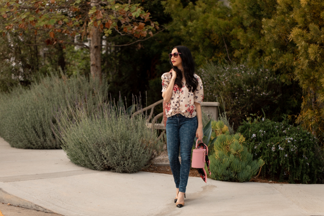 How to Mix Floral Prints, What to wear Fall 2020, Fall Transitional Look, LoveShackFancy Top, Liberty Print Jeans, LPA the Label Bag, Tach Clothing, Los Angeles Fashion Blogger, Pretty Little Shoppers Blog #FloralPrints | Floral Prints by popular L.A. fashion blog, Pretty Little Shoppers: image of woman wearing a floral blouse, floral print jeans, Pimpinela Corduroy Jacket, and stiletto heels.  