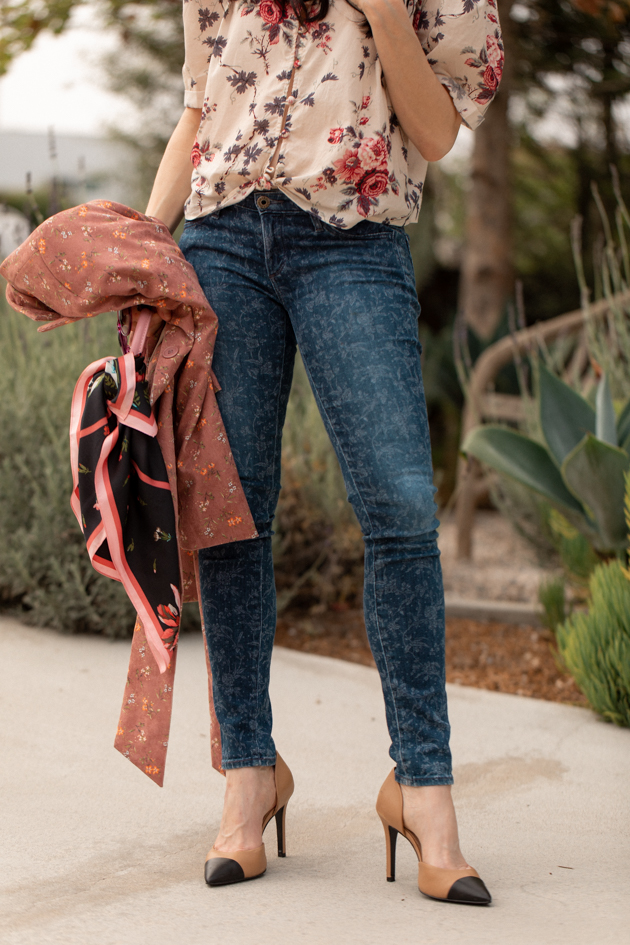 How to Mix Floral Prints, What to wear Fall 2020, Fall Transitional Look, LoveShackFancy Top, Liberty Print Jeans, LPA the Label Bag, Tach Clothing, Los Angeles Fashion Blogger, Pretty Little Shoppers Blog #FloralPrints | Floral Prints by popular L.A. fashion blog, Pretty Little Shoppers: image of woman wearing a floral blouse, floral print jeans, Pimpinela Corduroy Jacket, and stiletto heels.  