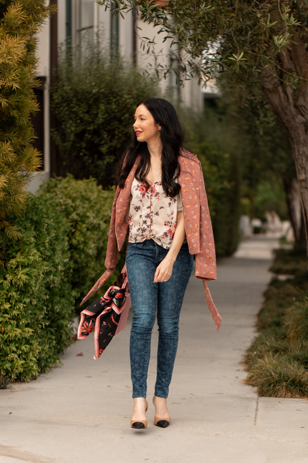 How to Mix Floral Prints, What to wear Fall 2020, Fall Transitional Look, LoveShackFancy Top, Liberty Print Jeans, LPA the Label Bag, Tach Clothing, Los Angeles Fashion Blogger, Pretty Little Shoppers Blog #FloralPrints | Floral Prints by popular L.A. fashion blog, Pretty Little Shoppers: image of woman wearing a floral blouse, floral print jeans, Pimpinela Corduroy Jacket, and stiletto heels.  