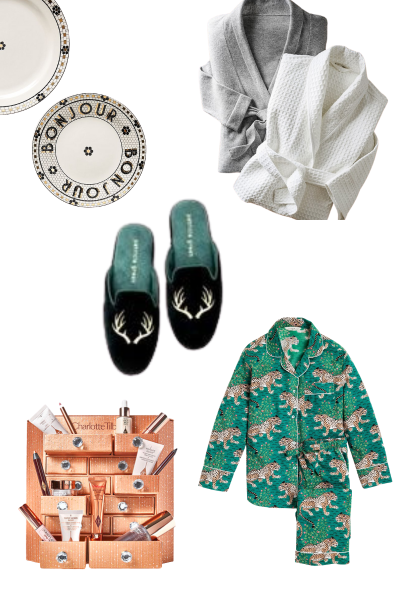 Gift Guide for Her, Christmas Gift Ideas, Luxury Gifts, Anthropologie, Charlotte Tilbury Advent Box, Patricia Green Slippers, Pretty Little Shoppers Blog #GiftGuide #GiftGuideforHer |Gift Ideas for Her by popular LA life and style blog, Pretty Little Shoppers: collage image of a Charlotte Tilbury Advent Box, Patricia Green Slippers, bistro plates and grey and white robes. 