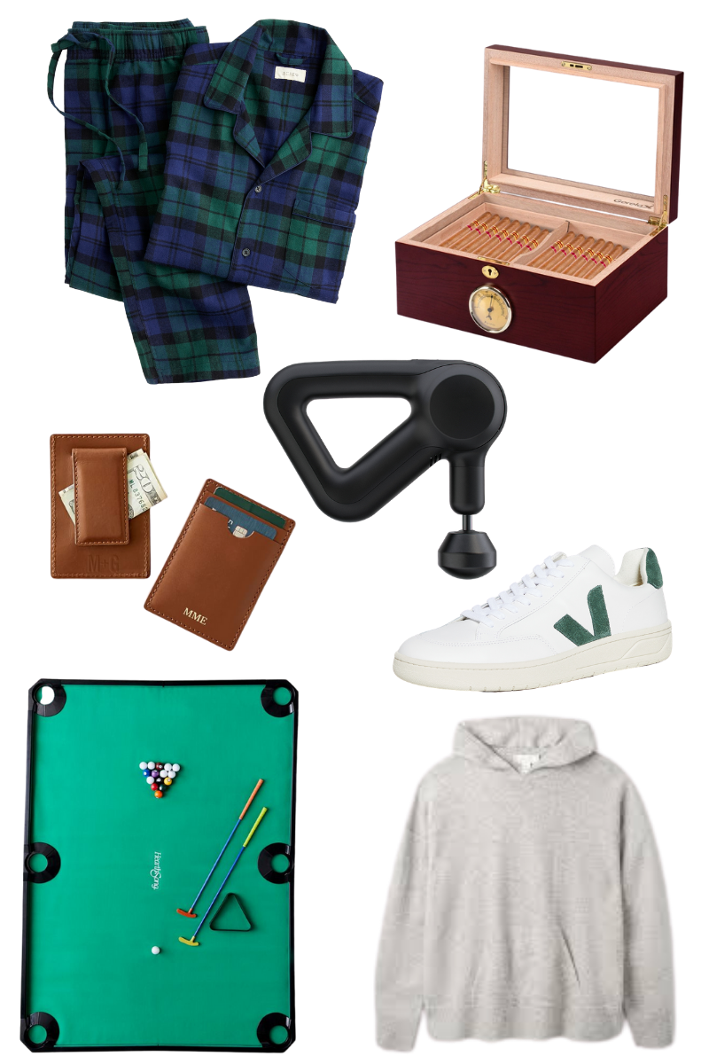 Gift Guide for Him, Christmas Gift Ideas, Luxury Gifts, J.Crew Pajama Set, Theragun Prime, Mini Golf Pool Set, Mini Cigar Humidor, Mark & Graham Leather Card Holder, Cashmere Hoodie, Pretty Little Shoppers Blog #GiftGuide #GiftGuideforHim |Gifts for Him by popular LA life and style blog, Pretty Little Shoppers: collage image of a pair of plaid flannel pajamas, leather wallet, veja sneakers, grey hoodie sweatshirt, cigars, Theragun therapy massager, and indoor mini golf set. 