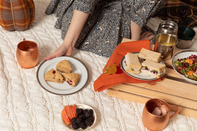 Indoor Fall Picnic, Fall Harvest Picnic Menu, Doen Fawn Dress, Lisa Valerie Morgan, Pretty Little Shoppers Blog, Los Angeles Lifestyle Blogger, How to Celebrate Thanksgiving During Quarantine, Holiday Ideas During Covid Quarantine #IndoorPicnic #ThanksgivingIdeas |Fall Picnic by popular LA lifestyle blog, Pretty Little Shoppers: image of a woman sitting on a knit cream blanket and having an indoor picnic. 
