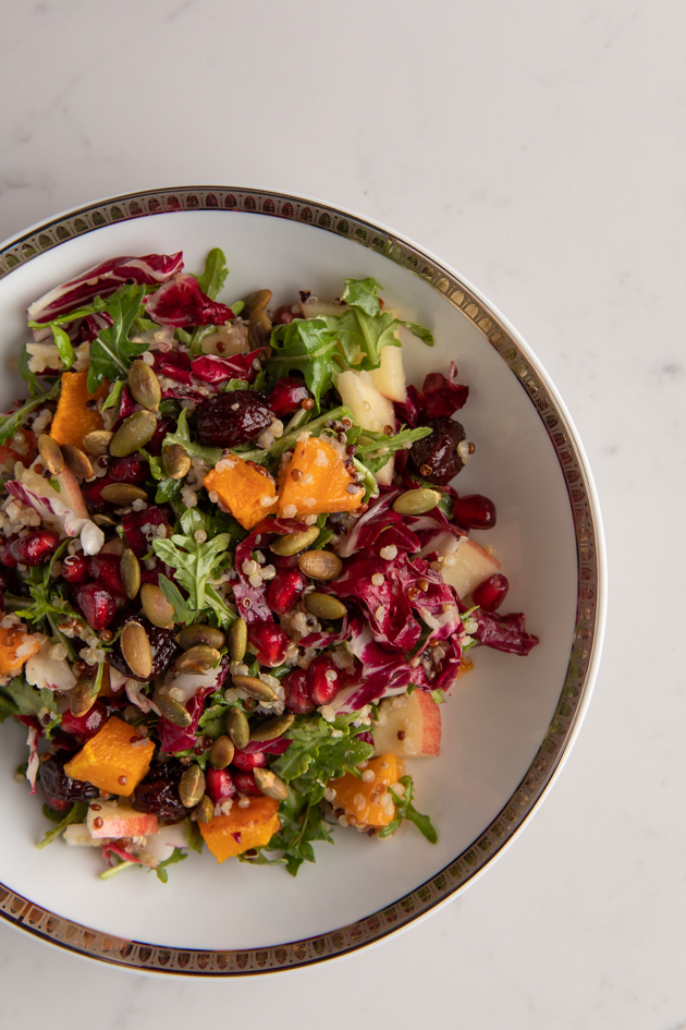 Fall Harvest Salad, Fall Salad with Butternut Squash and Quinoa, Fall Picnic Menu, Pretty Little Shoppers Blog, Los Angeles Lifestyle Blogger, How to Celebrate Thanksgiving During Quarantine #FallHarvestSalad #ThanksgivingSalad #ThanksgivingIdeas | Fall Harvest Salad by popular LA lifestyle blog, Pretty Little Shoppers: image of a fall harvest salad in a white and gold ceramic bowl. 