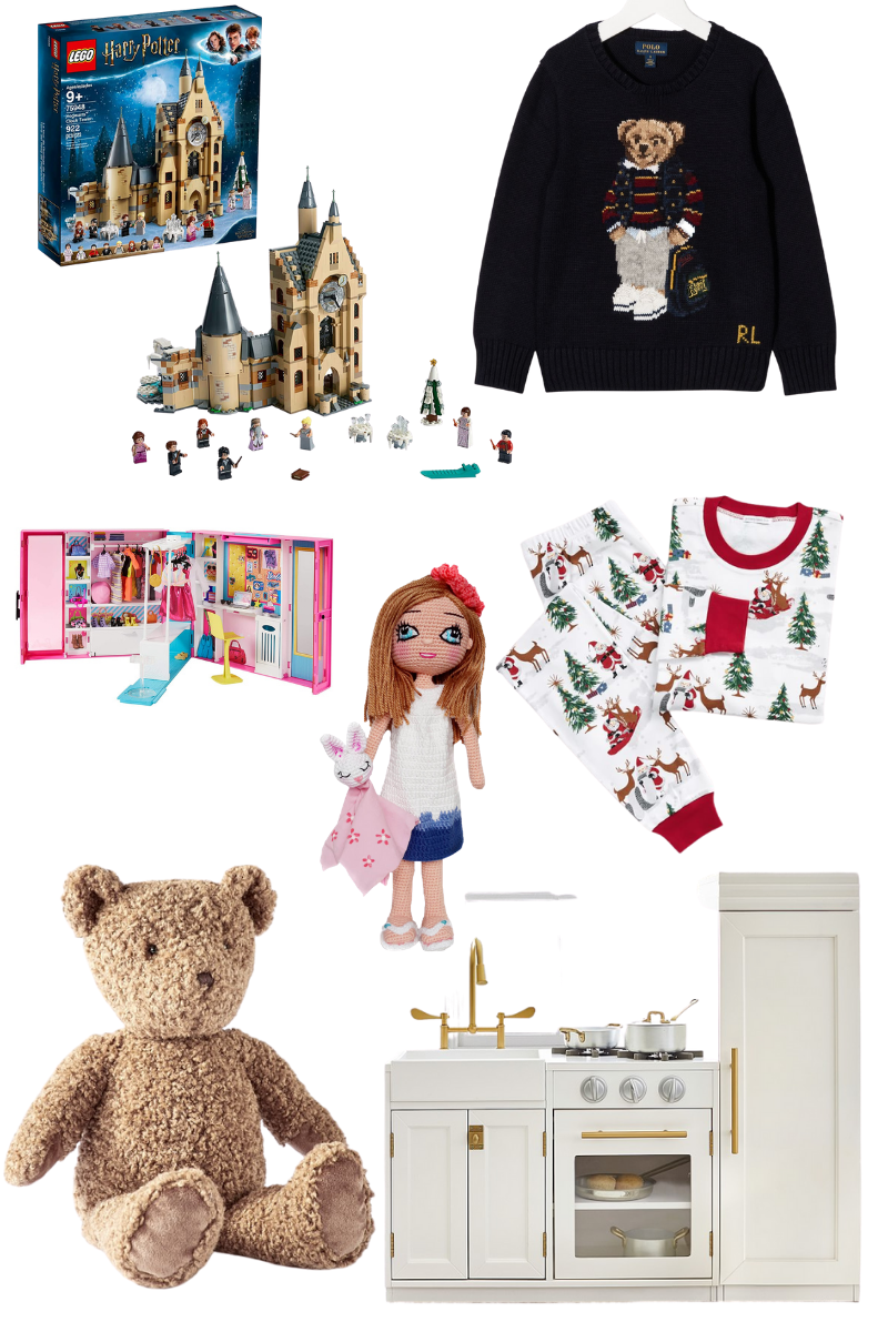 Gift Guide for Babies and Kids, The Best Holiday Gifting Ideas, Pottery Barn Kids, Ralph Lauren Kids, Barbie Dream Closet, Harry Potter Hogwarts Lego Set, Christmas Gift Ideas for Kids, Pretty Little Shoppers Blog, Los Angeles Lifestyle Blogger |Baby Gift Ideas by popular LA life and style blog, Pretty Little Shoppers: collage image of a Harry Potter Hogwarts Lego Set, Ralph Lauren Teddy Bear Jumper, Santa Pajama Set, Chelsea All-In-One Play Kitchen, Teddy Bear, Barbie Dream Closet, and Personalized Look-A-Like Doll