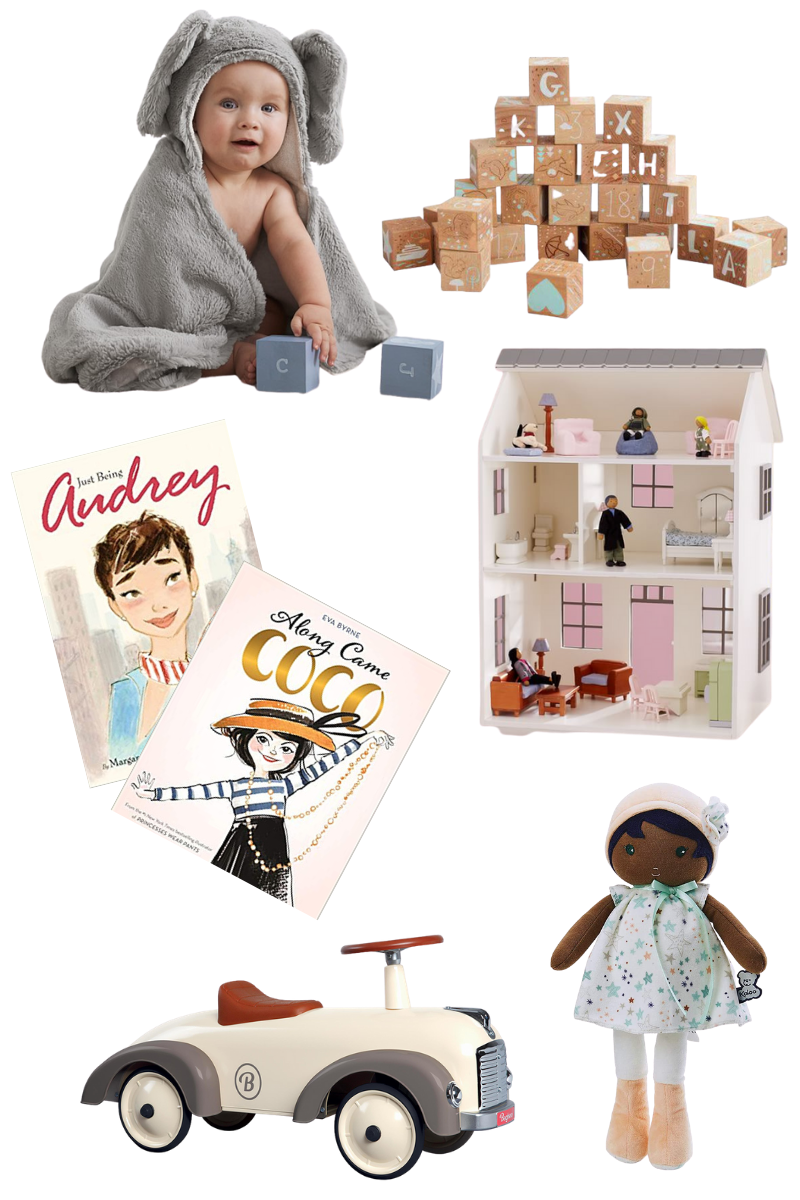 Gift Guide for Babies and Kids, The Best Holiday Gifting Ideas, Pottery Barn Kids, Christmas Gift Ideas for Kids, Pretty Little Shoppers Blog, Los Angeles Lifestyle Blogger | Baby Gift Ideas by popular LA life and style blog, Pretty Little Shoppers: collage image of a Faux-Fur Animal Baby Hooded Towel, Keepsake Etched Blocks, Westport Dollhouse, My First Fabric Doll, Baghera Speedster, Just Being Audrey, Along Came Coco