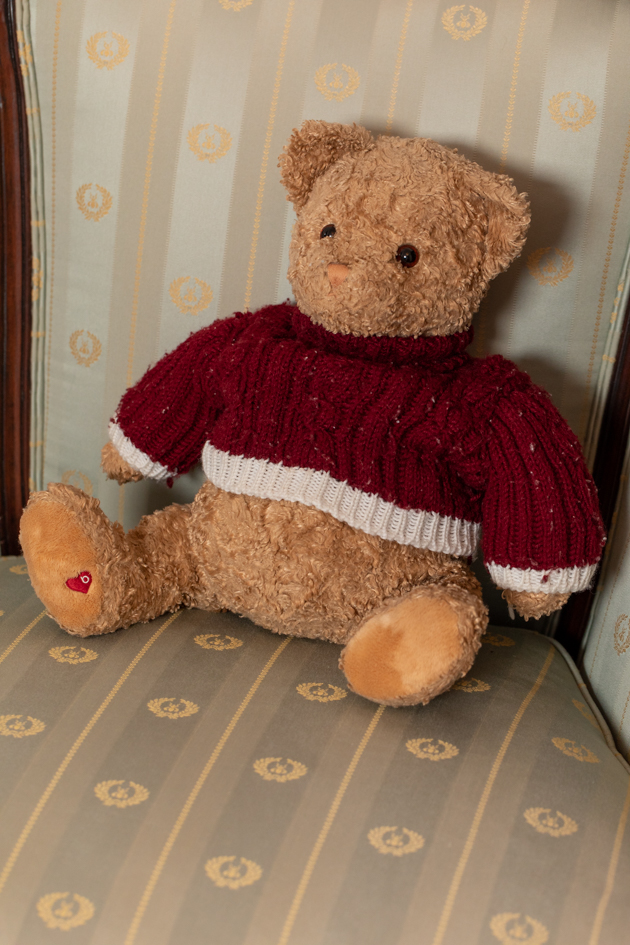 Adorable Stuffed Teddy Bear from Bloomingdales |Velvet Dress by popular LA fashion blog, Pretty Little Shoppers: image of a teddy bear on a armchair. 