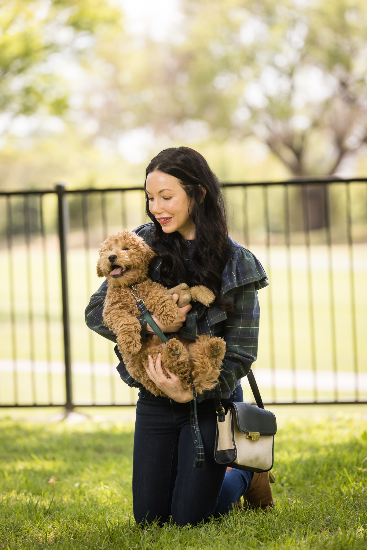 GoldenDoodle Puppy, Tartan Blouse, Tartan Bowtie and Leash, Meet My New Puppy, New Puppy Cuteness, Matching Mom and Dog Outfits, Pretty Little Shoppers Blog, Dallas Lifestyle Blog #GoldenDoodlePuppy #MeetMyPup |Charlie Cupcake by popular Dallas lifestyle blog, Pretty Little Shoppers: image of a woman wearing a plaid ruffle top and jeans and holding her goldendoodle puppy. 