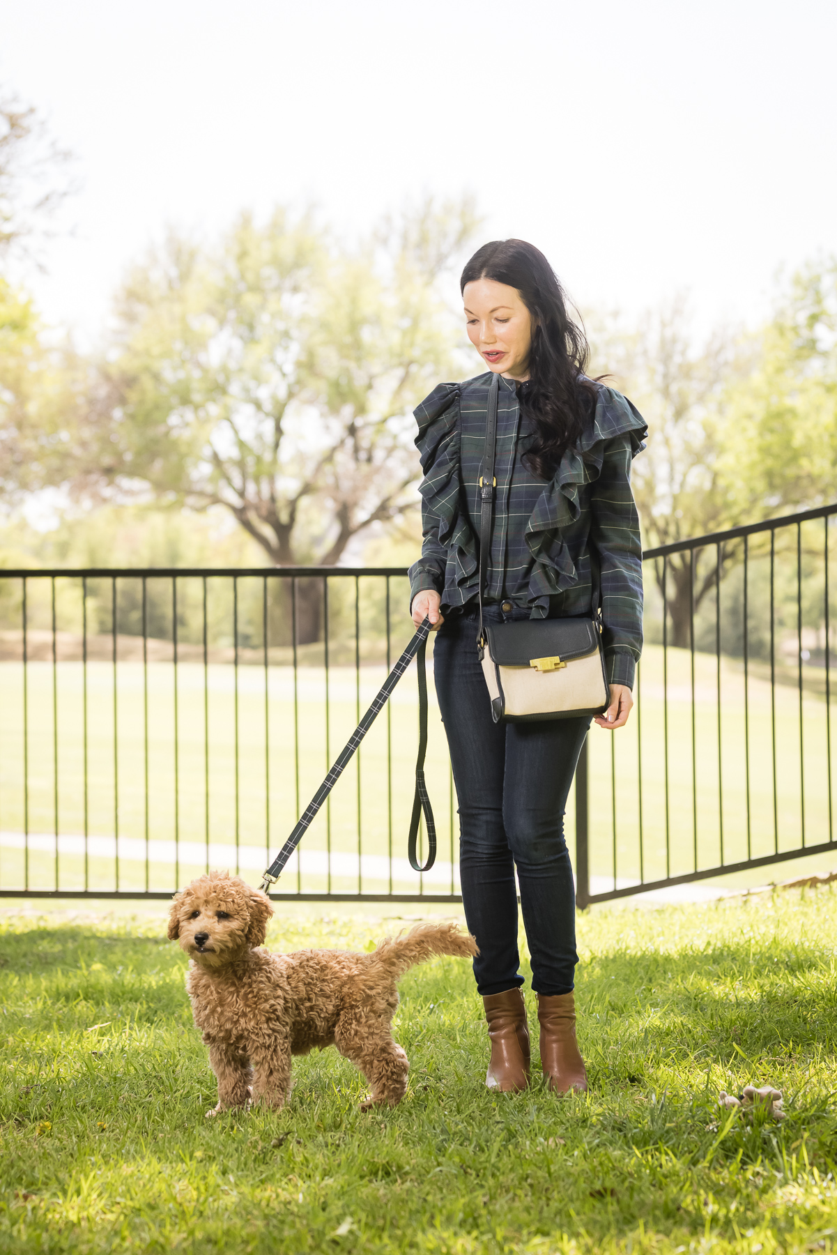 GoldenDoodle Puppy, Matching Mom and Dog Outfits, Tartan Blouse, Tartan Bowtie and Leash, Meet My New Puppy, New Puppy Cuteness, Pretty Little Shoppers Blog, Dallas Lifestyle Blog, #GoldenDoodlePuppy #MeetMyPup |Charlie Cupcake by popular Dallas lifestyle blog, Pretty Little Shoppers: image of a woman wearing a plaid ruffle top and jeans and standing next to her goldendoodle puppy. 