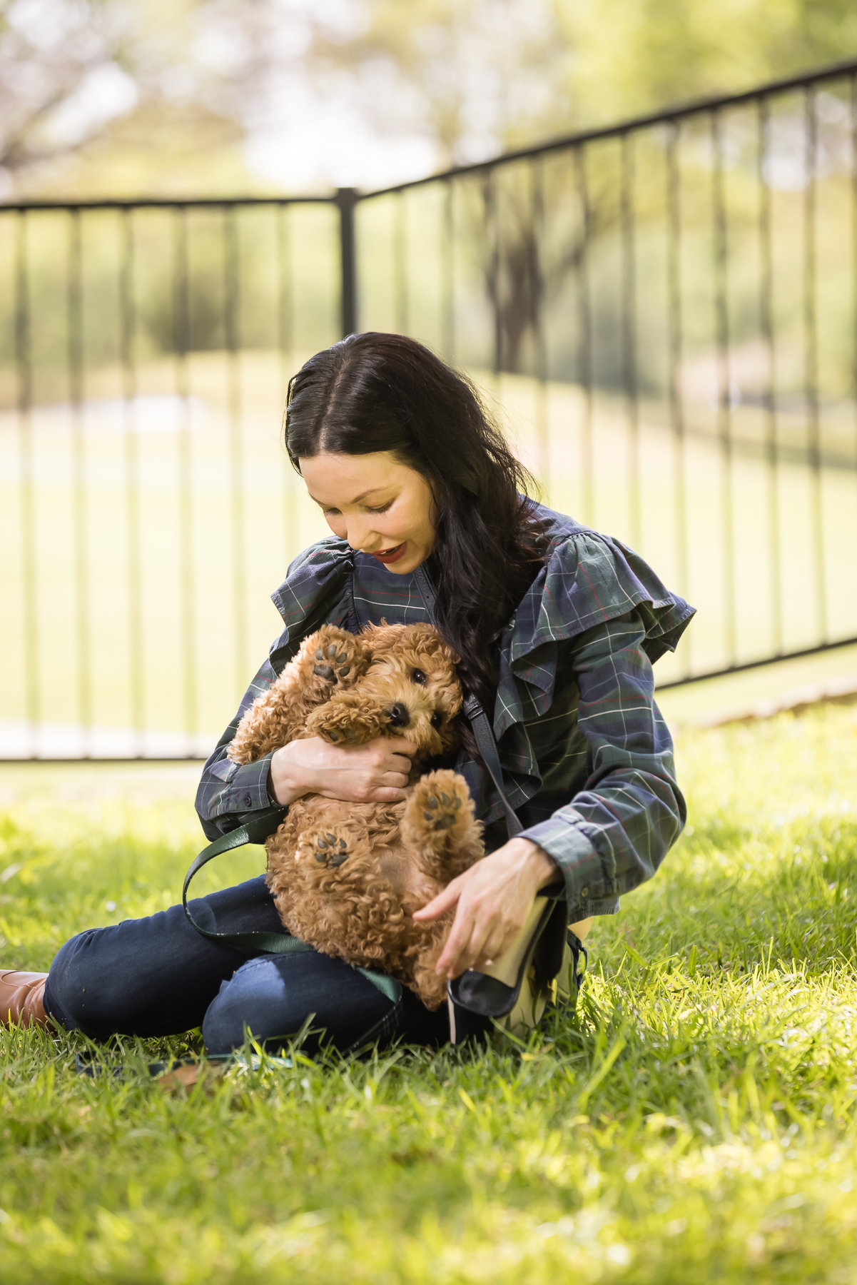 GoldenDoodle Puppy, Matching Mom and Dog Outfits, Tartan Blouse, Tartan Bowtie and Leash, Meet My New Puppy, New Puppy Cuteness, Pretty Little Shoppers Blog, Dallas Lifestyle Blog, #GoldenDoodlePuppy #MeetMyPup | Charlie Cupcake by popular Dallas lifestyle blog, Pretty Little Shoppers: image of a woman wearing a plaid ruffle top and jeans and holding her goldendoodle puppy. 