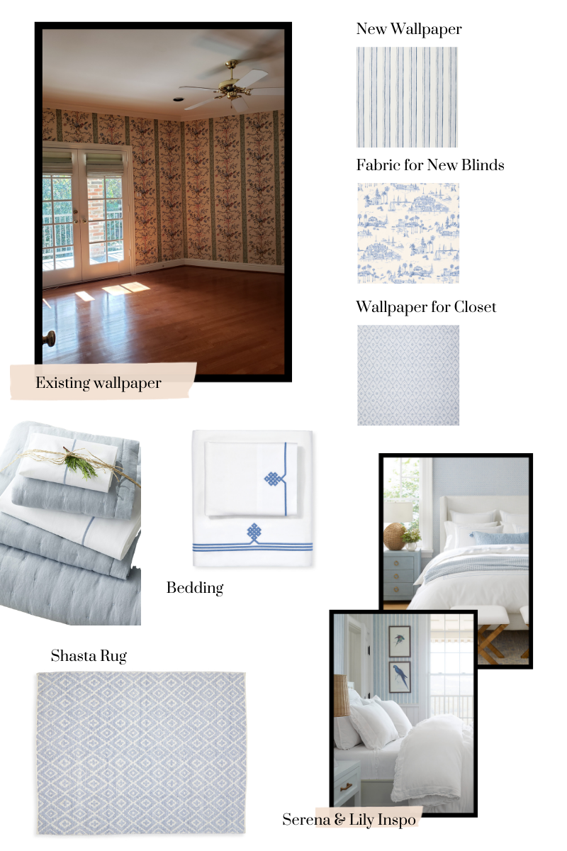 Guest Bedroom Makeover, Serena & Lily | Guest Bedroom Ideas by popular Dallas life and style blog, Pretty Little Shoppers: collage image of a Serena and Lily One Kings Lane Shasta rug, blue and white bedding, white headboard, and blue and white wallpaper. 