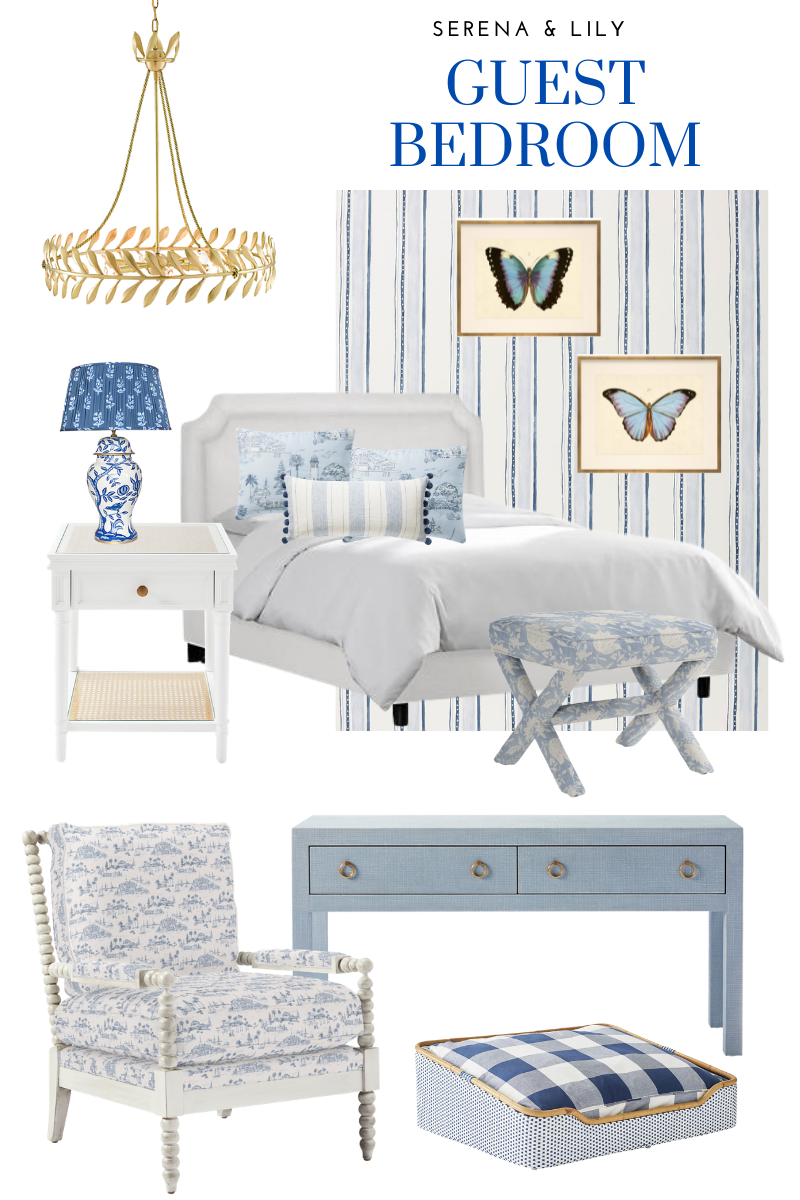 Serena & Lily, Guest Bedroom Makeover Mood Board, One Kings Lane | Guest Bedroom Ideas by popular Dallas life and style blog, Pretty Little Shoppers: collage image of a Serena and Lily One Kings Lane blue entry table, blue and white accent chair, ginger jar lamp, blue and white stripe wallpaper, blue butterfly prints, gold leaf chandelier, white end table, white headboard, blue and white throw pillows, white bedding and blue and white Buffalo plaid dog bed.