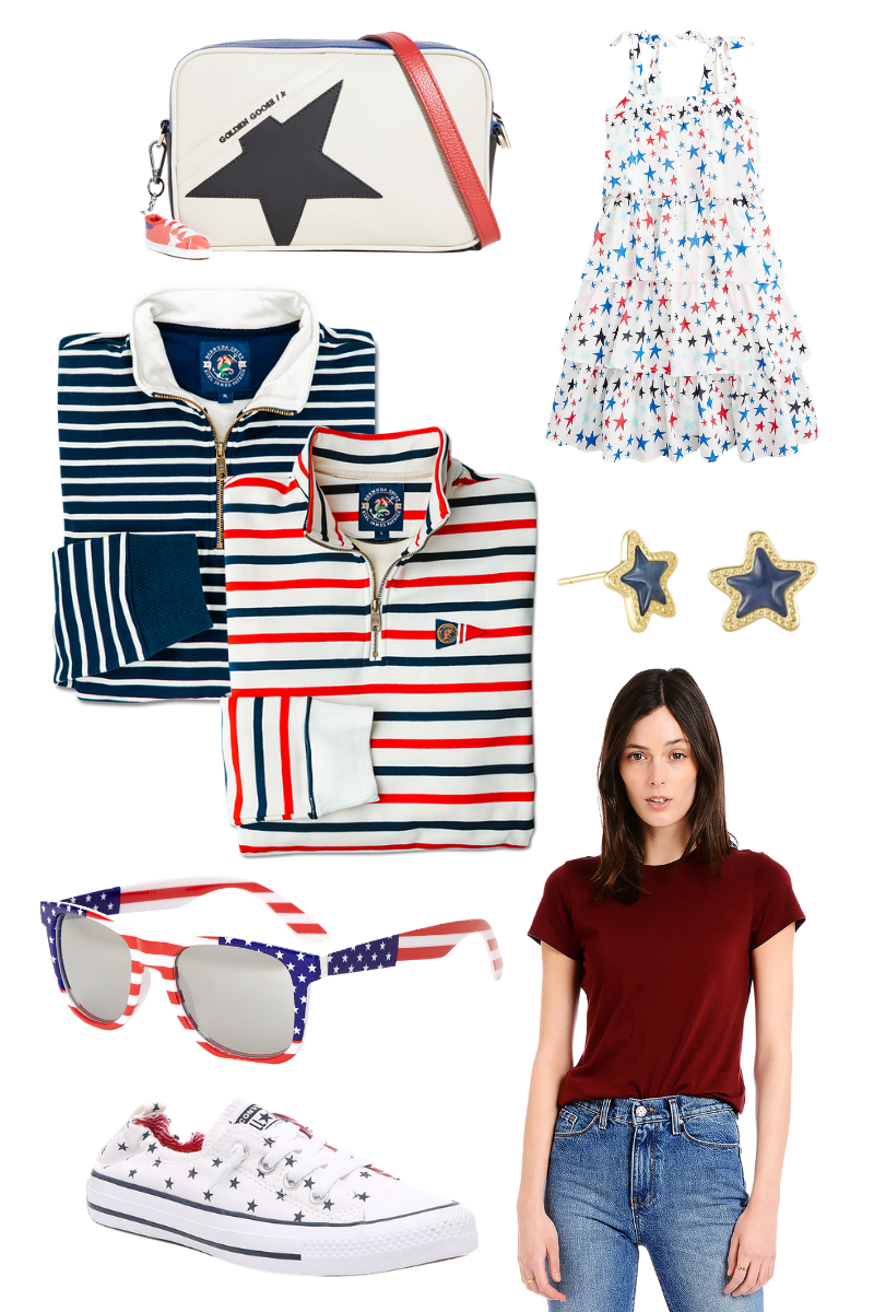 4th of July Style Fashion Ideas, Mott and Bow, Kiel James Patrick, Converse, J.Crew, Kendra Scott | 4th of July Fashion by popular Houston fashion blog, Pretty Little Shoppers: collage image of a blue star spring camera bag purse, red, white and blue star print tie strap dress, blue and white stripe half zip pullover, red, white and blue half zip pullover, blue star Kendra Scott earrings, Stars and Stripes sunglasses, maroon t-snirt, and blue and white star print Converse sneakers. 