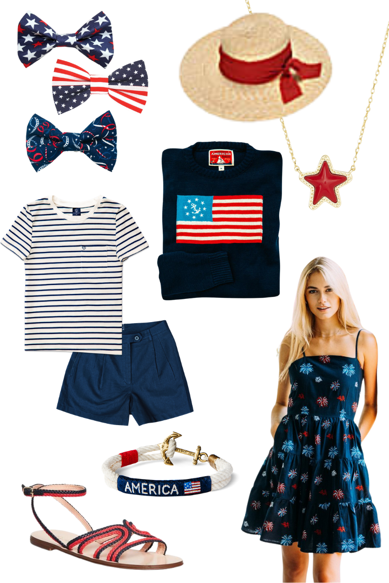 Kiel James Patrick, Brooks Brothers, Etsy Dog Bow Ties, Kendra Scott Star Necklace, 4th of July Style | 4th of July Fashion by popular Houston fashion blog, Pretty Little Shoppers: collage image of Stars and Stripes print bows, blue and white stripe shirt, blue shorts, American flag t-shirt, red star Kendra Scott necklace, straw boater hat, American bracelet, fireworks print dress, and red and blue strap sandals. 