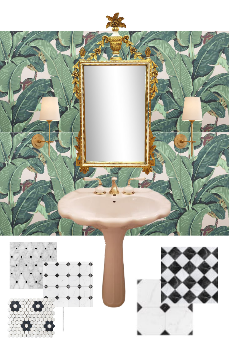 Martinique Wallpaper, Banana Leaf Wallpaper, Dorothy Draper, Beverly Hills Hotel, Black and White floor tiles, Hollywood Regency Powder Room Mood Board, Antique Vanity Mirror | Hollywood Regency Style by popular Dallas life and style blog, Pretty Little Shoppers: collage image of Martinique Wallpaper, Banana Leaf Wallpaper, gold filigree mirror, scallop edge sink, and black and white floor tiles