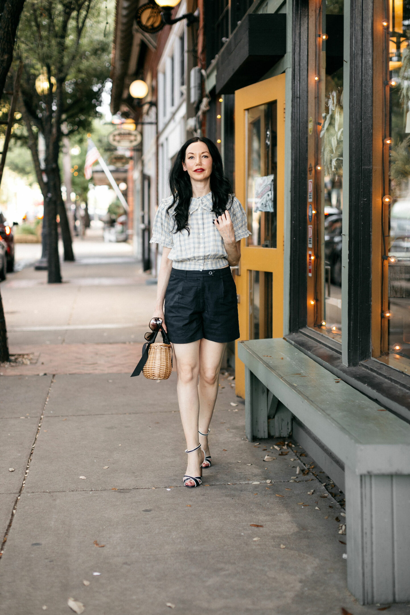 Doen Shirt and Linen Shorts, a fall transitional look styled by top Dallas fashion blogger, Pretty Little Shoppers.