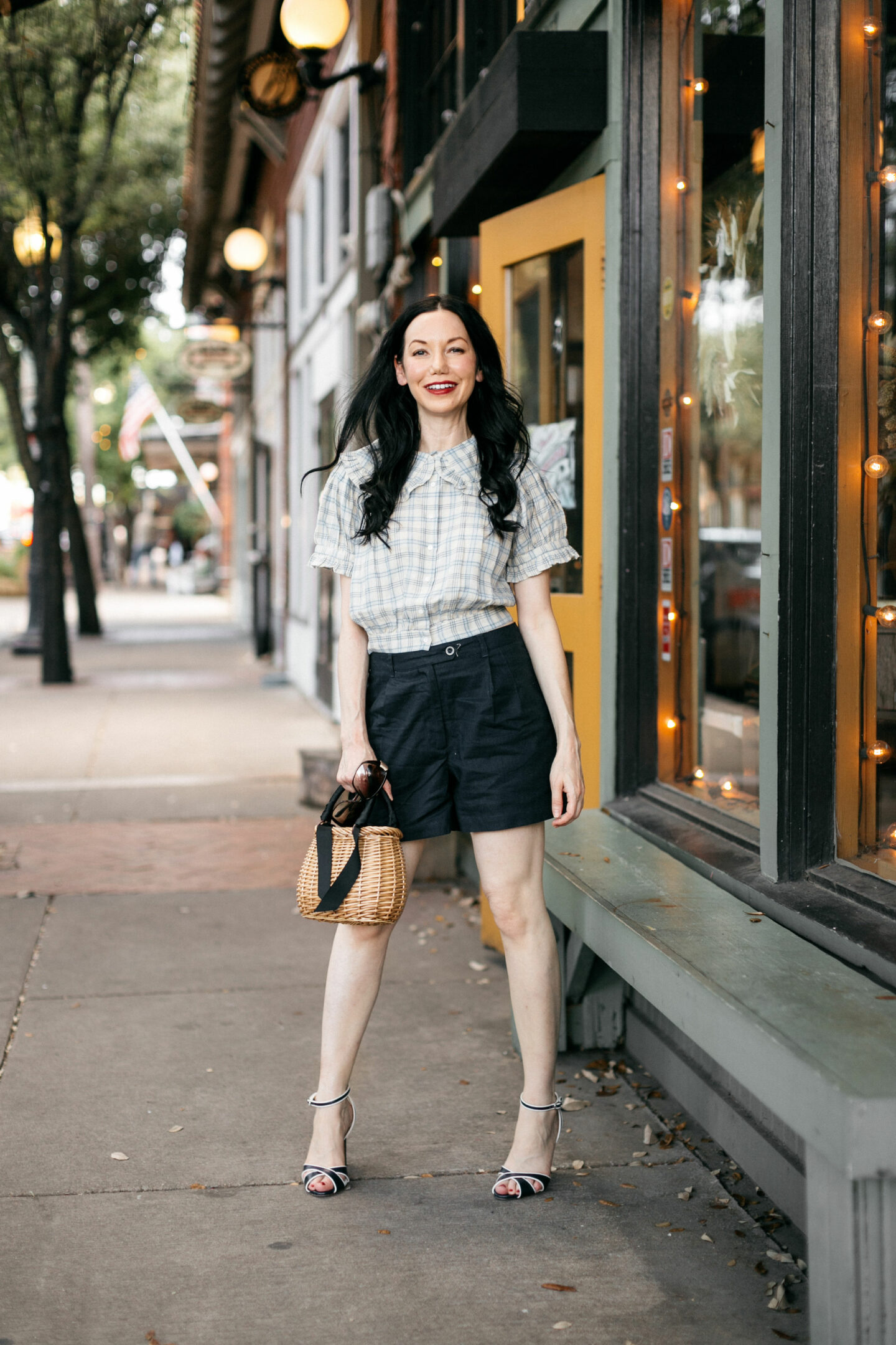 Doen Shirt and Linen Shorts, a fall transitional look styled by top Dallas fashion blogger, Pretty Little Shoppers.