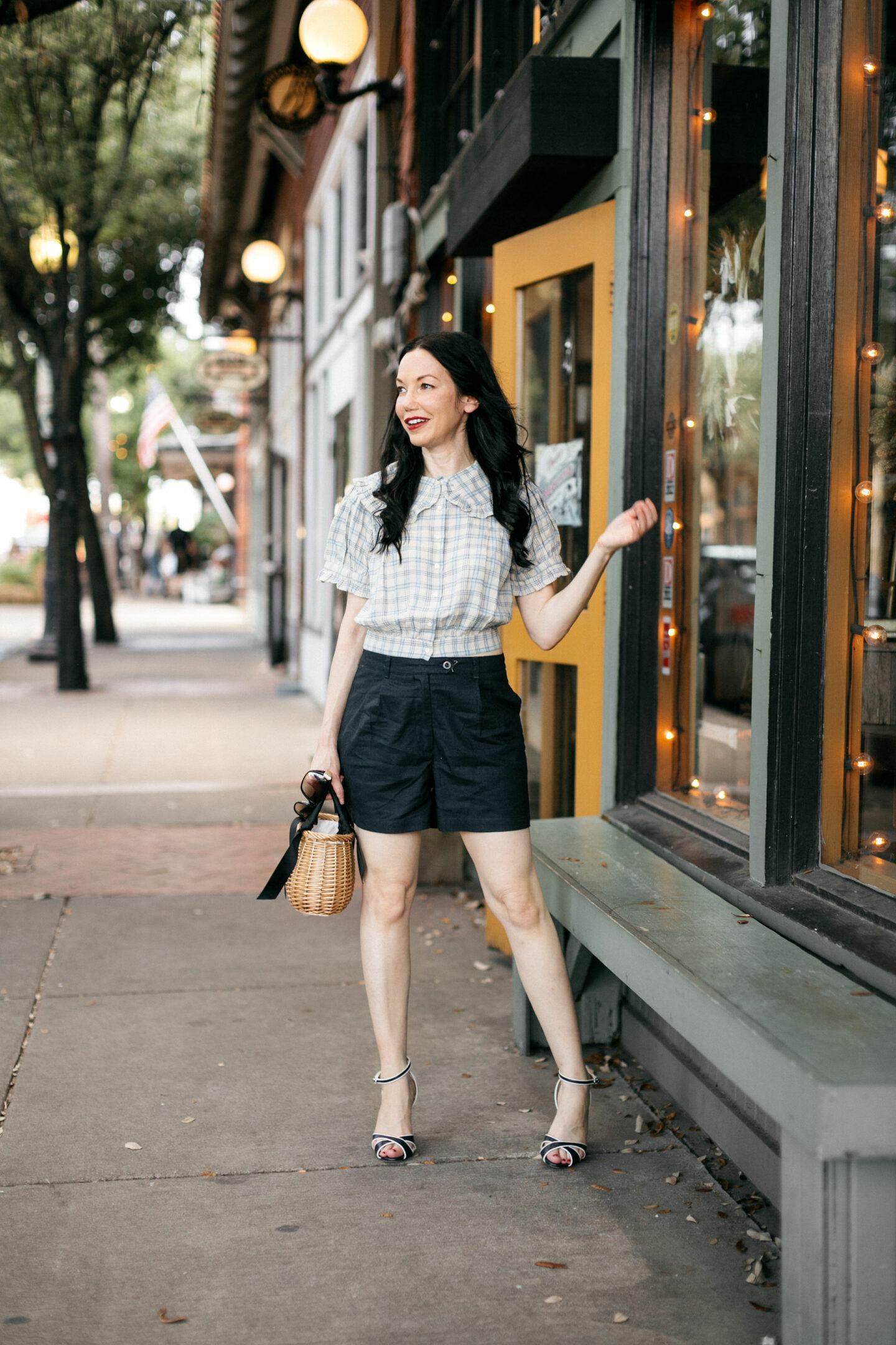 Doen Shirt and Linen Shorts, a fall transitional look styled by top Dallas fashion blogger, Pretty Little Shoppers.