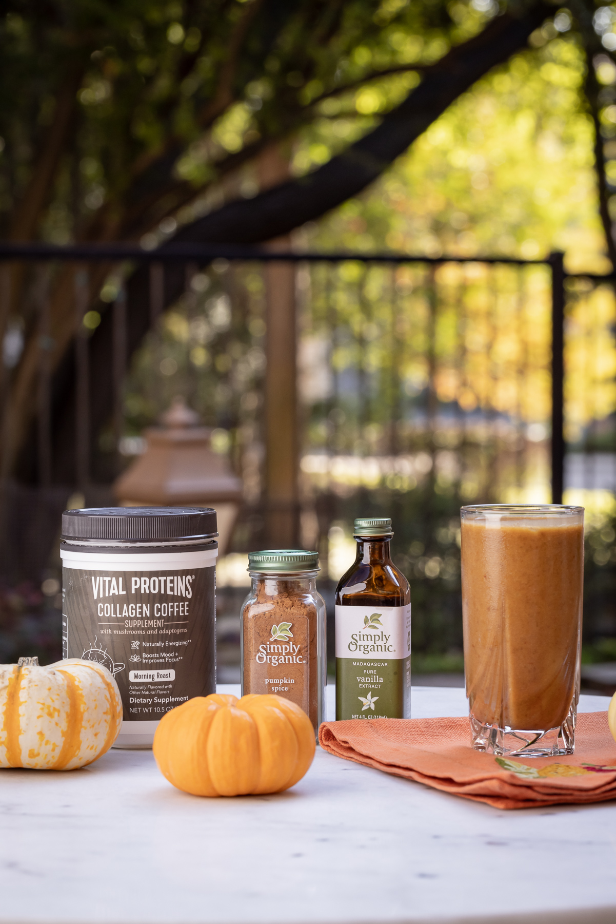Collagen + Adaptogen Pumpkin Spice Latte Smoothie with fresh pumpkin and Vital Proteins Collagen Coffee  featured by top Dallas lifestyle blogger, Pretty Little Shoppers