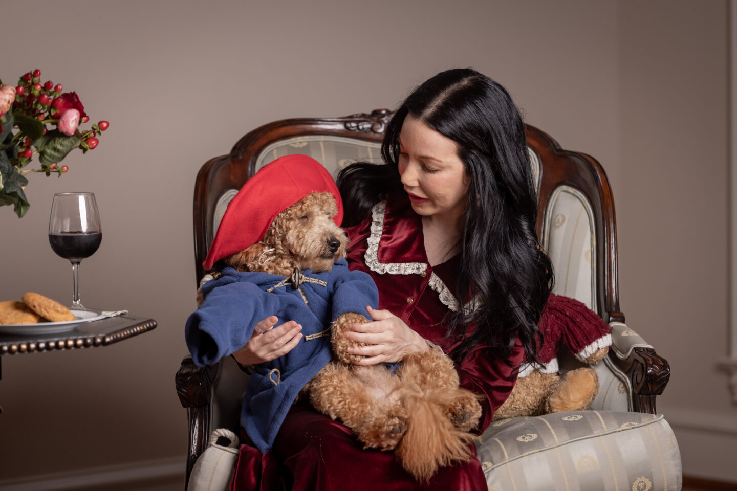 Mini Goldendoodle Puppy dressed in Blue Coat and Red Hat